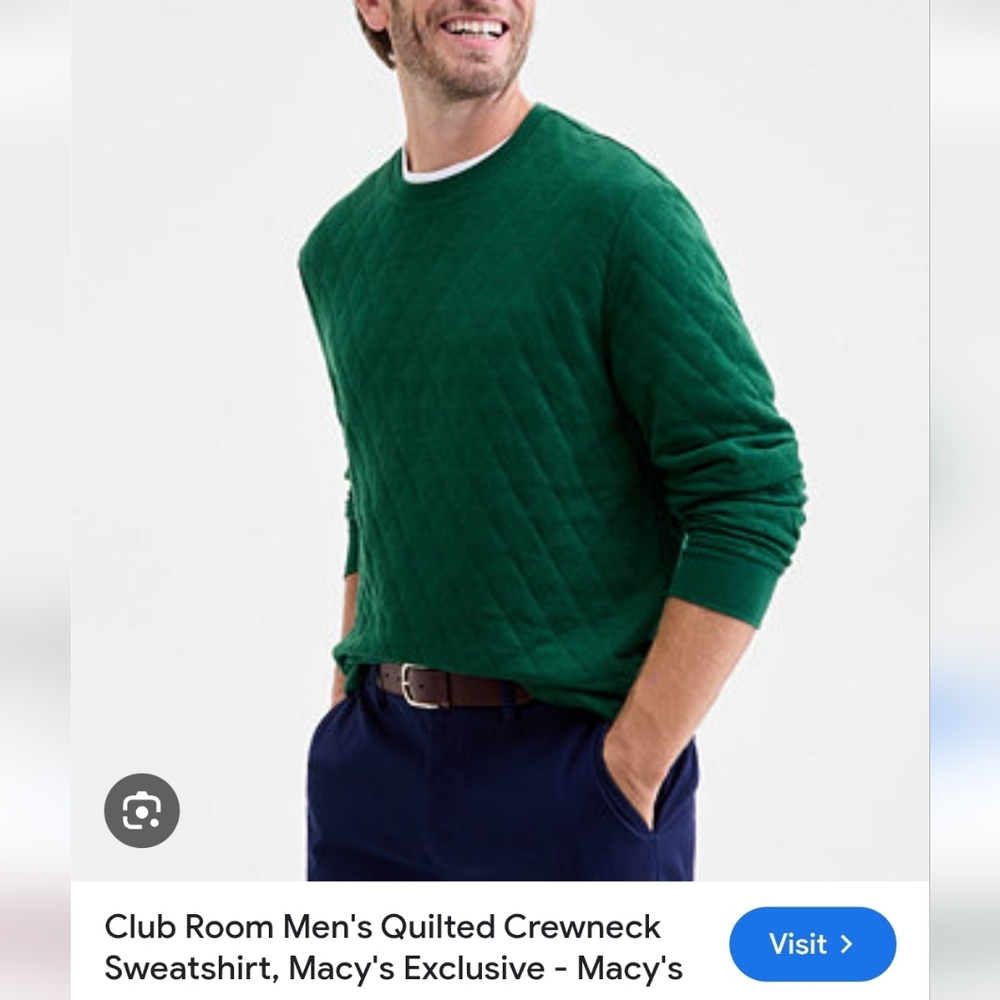 NWT Mens Club Room Quilted Crewneck Sweatshirt, Green Sz L